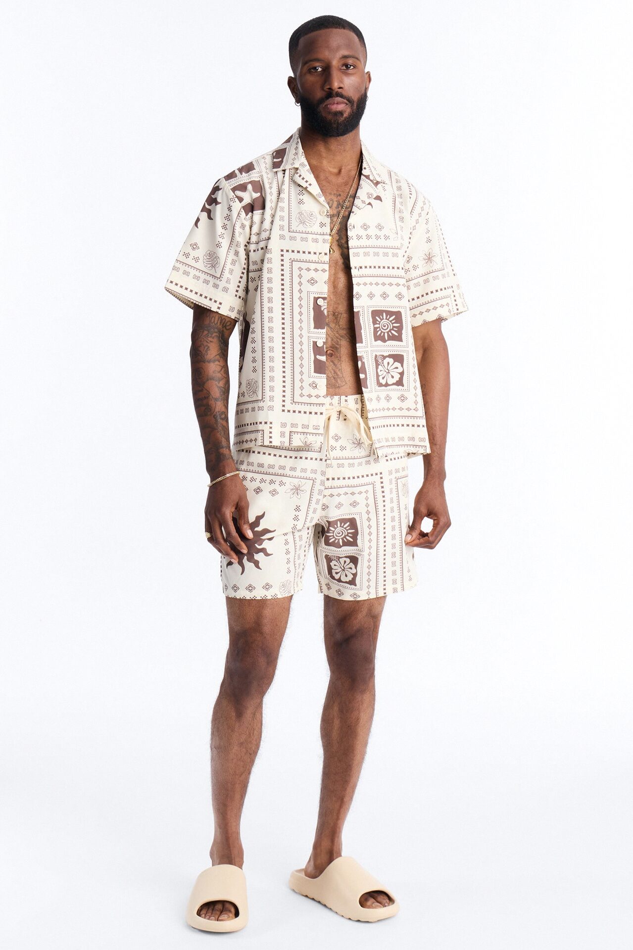 Relaxed Terra Mosaic Cuban Collar Button Up Shirt - Brown