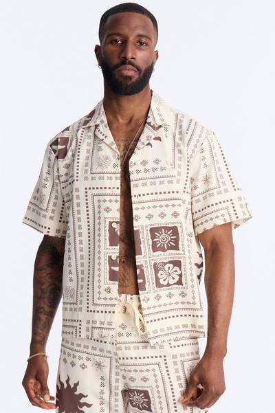 Relaxed Terra Mosaic Cuban Collar Button Up Shirt - Brown
