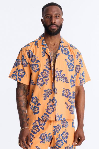 Relaxed Flocked Hibiscus Heat Cuban Collar Button Up Shirt - Orange
