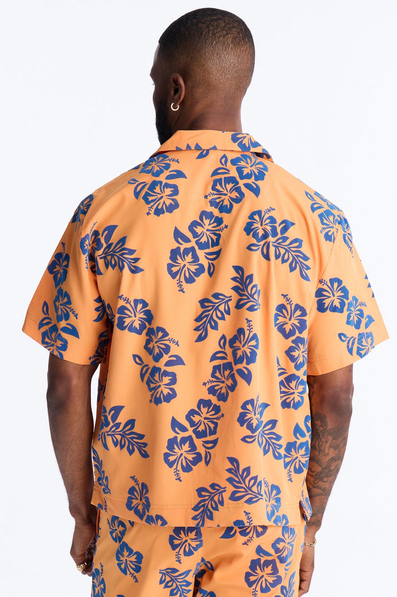 Relaxed Flocked Hibiscus Heat Cuban Collar Button Up Shirt - Orange