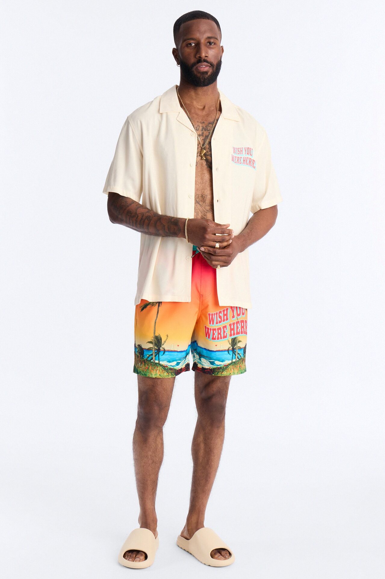 Wish You Were Here Postcard Swim Trunk 7″ - Multi Color