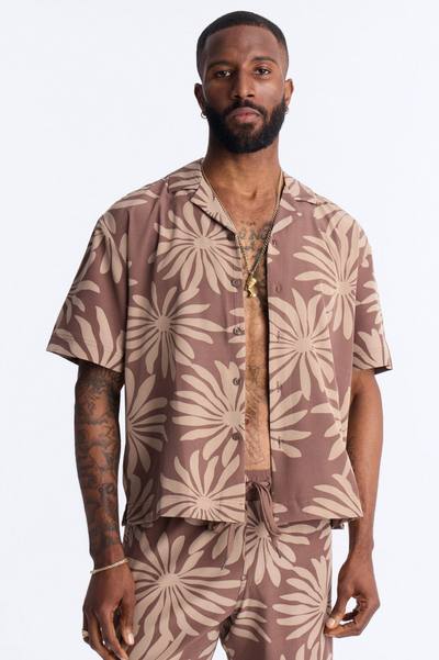 Relaxed Tulum Bloom Cuban Collar Button Up Shirt - Brown