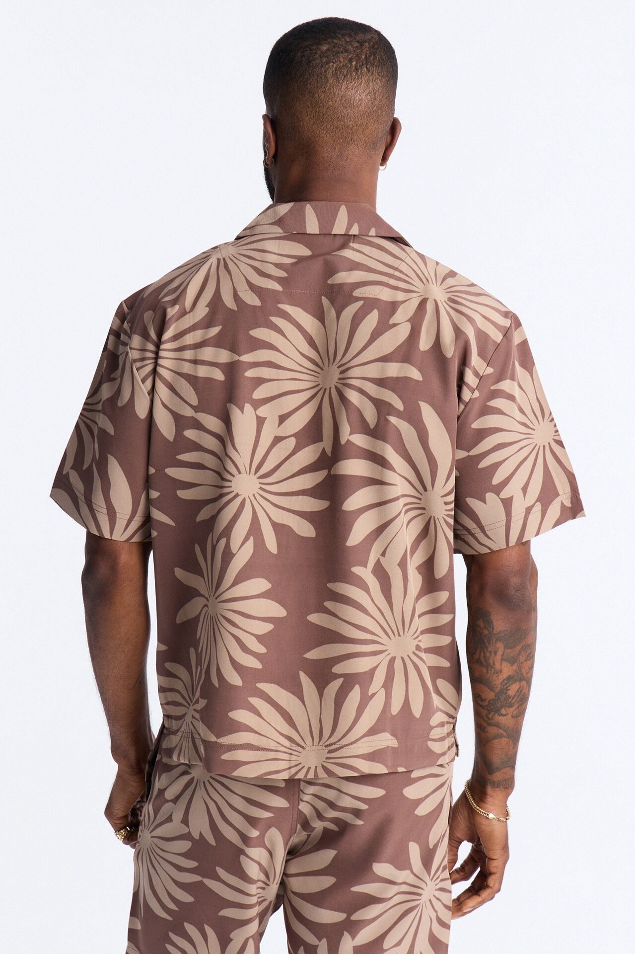 Relaxed Tulum Bloom Cuban Collar Button Up Shirt - Brown
