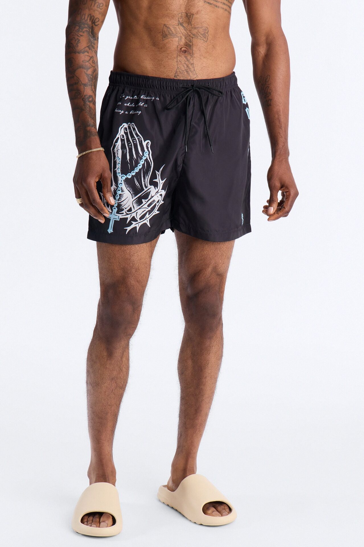 Relaxed God Bless It Swim Trunk 4″ - Black