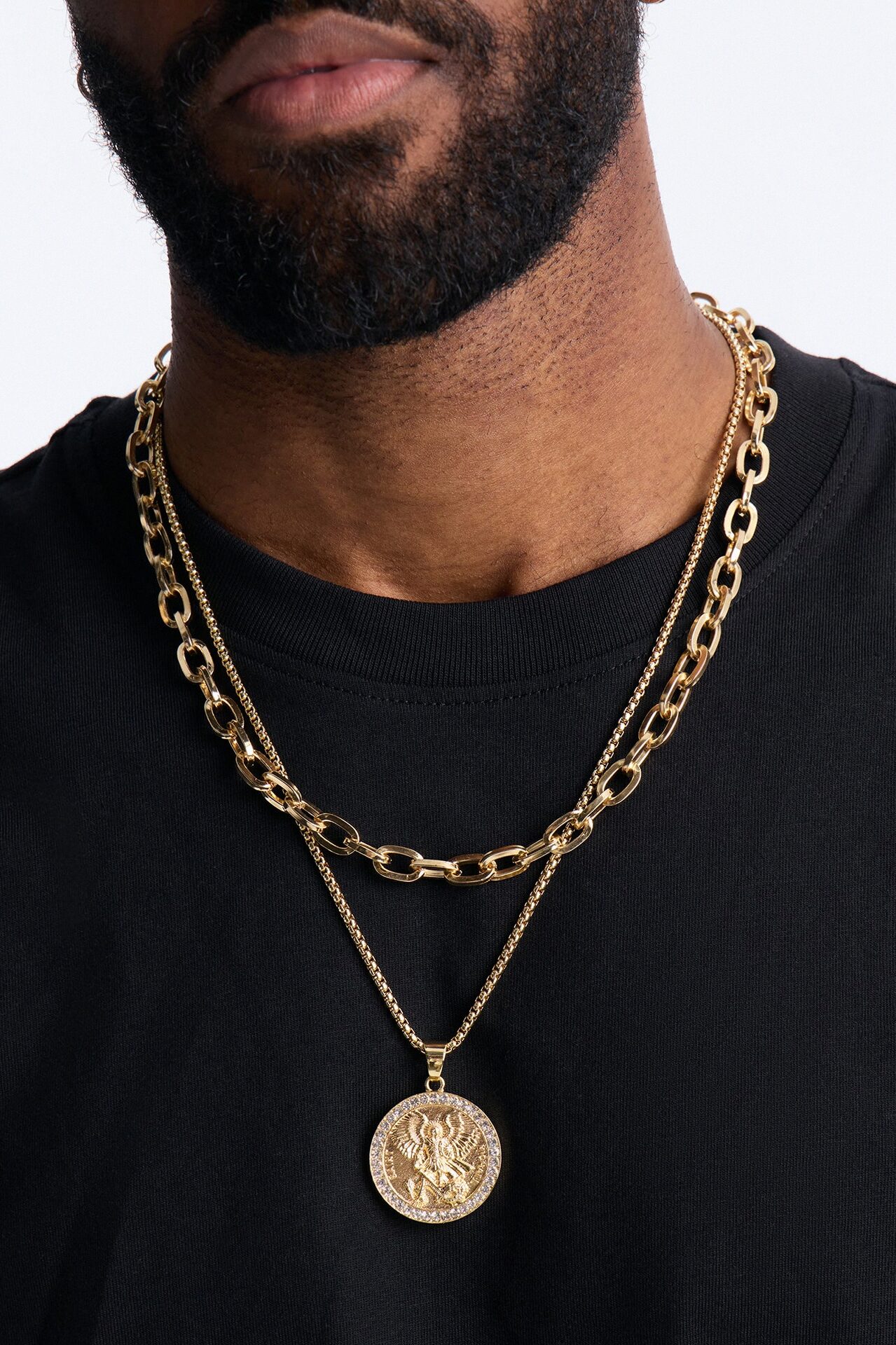 Archangel Michael Link Chain Necklace Set - Gold