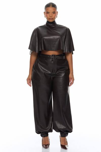 City Streets Faux Leather Balloon Pant Set - Chocolate