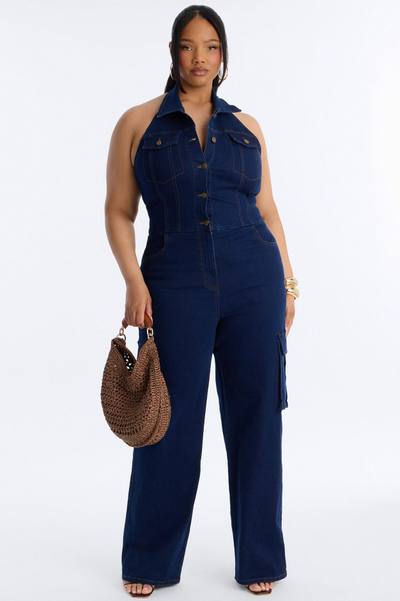Jaime Denim Cargo Wide Leg Jumpsuit - Dark Wash