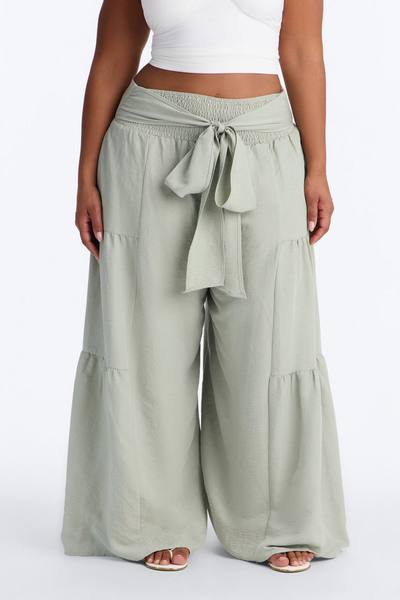 Tatiana Tiered Wide Leg Tie Waist Pant - Sage
