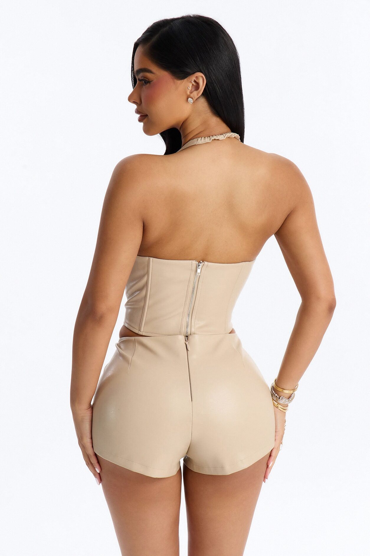 Stunner Studded Faux Leather Short Set - Taupe