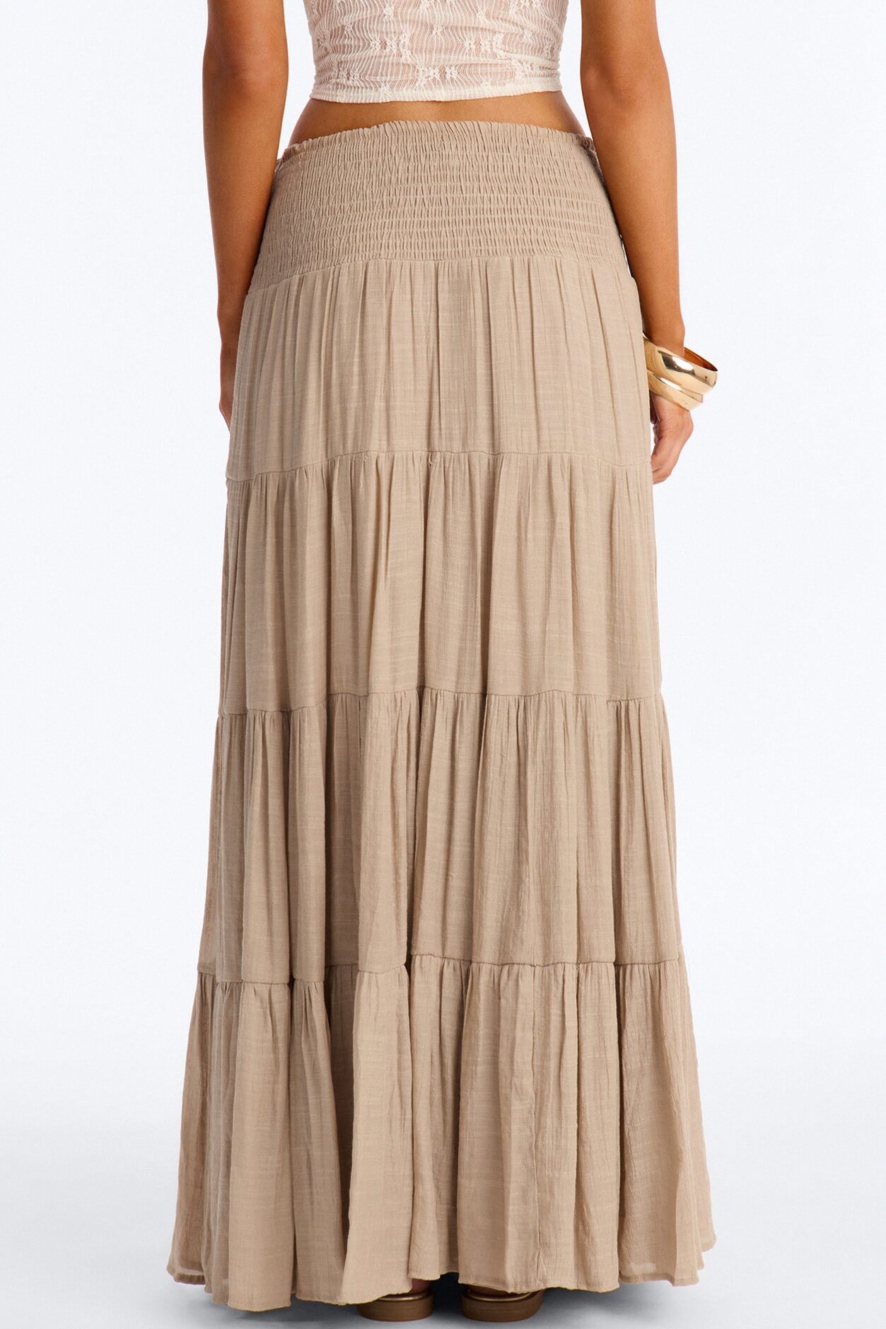 California Coast Low Rise Smocked Gauze Maxi Skirt - Taupe