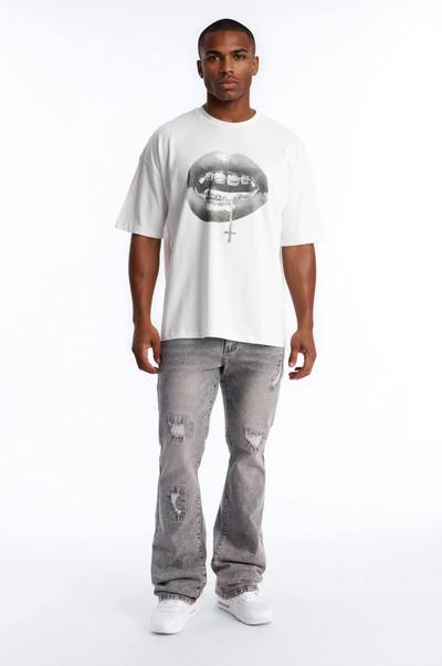 Stacked Skinny Flare Threaded Destroyed Jeans - Grey