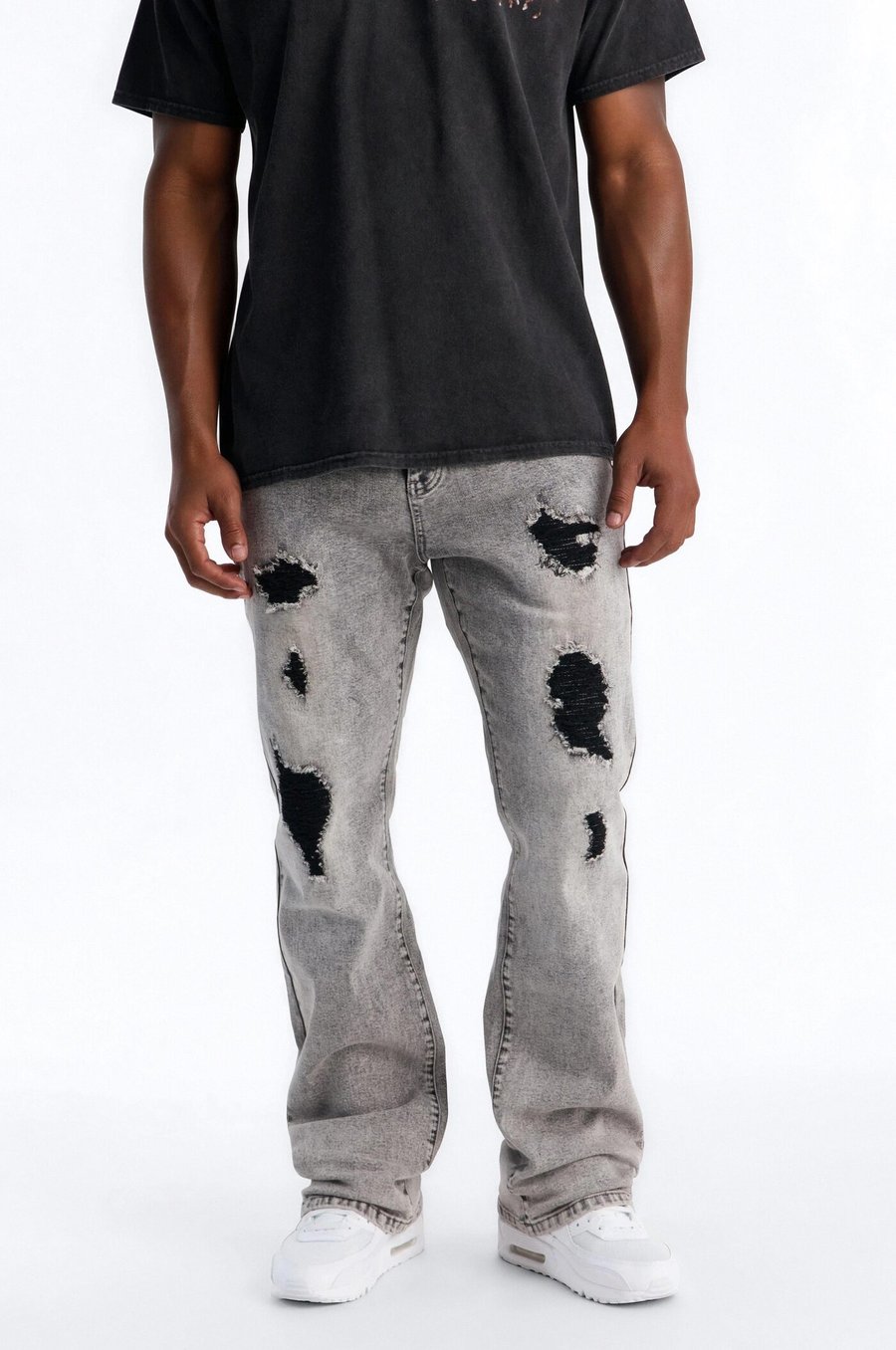 Stacked Skinny Slim Flare Acid Distressed Jeans - Black Wash