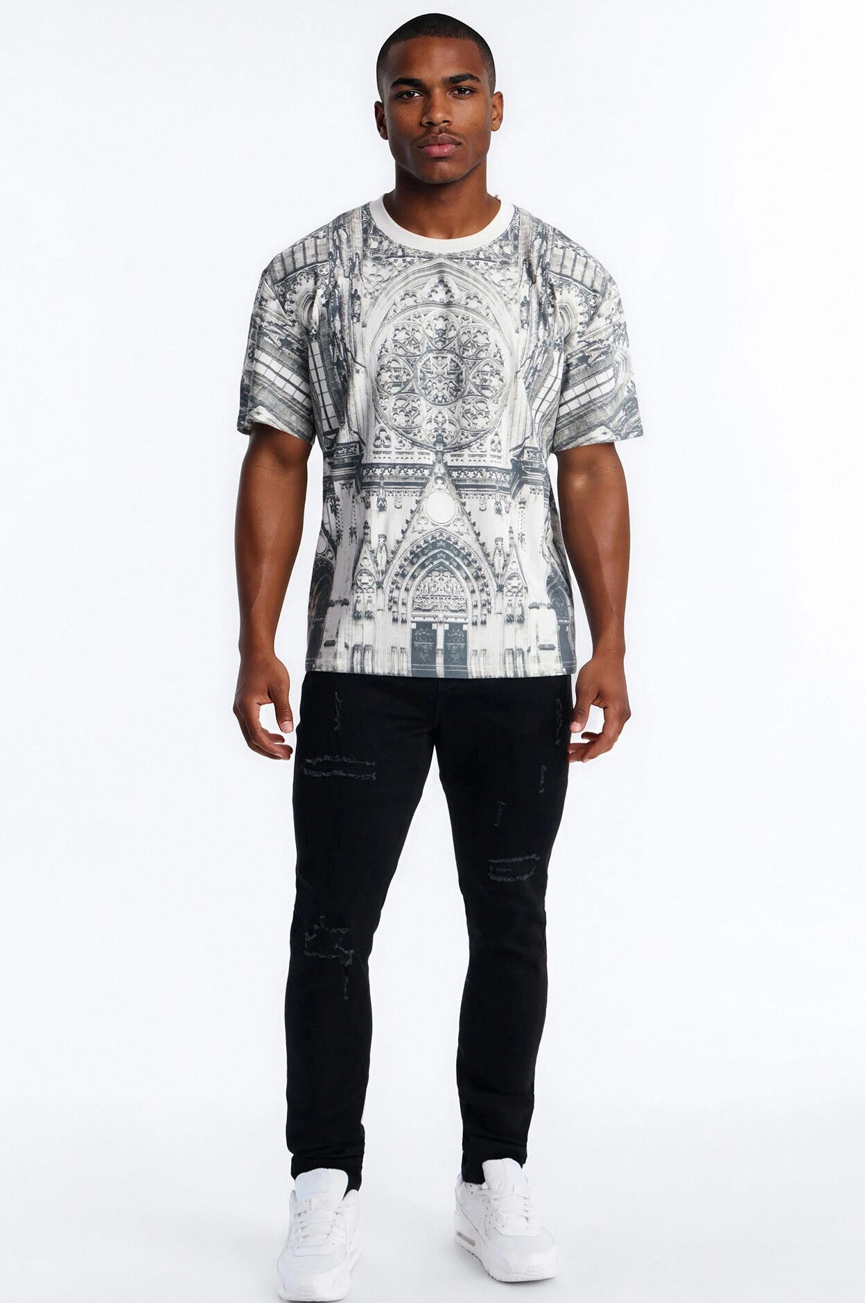 Gothic Church All Over Print Oversized Short Sleeve Tee - White