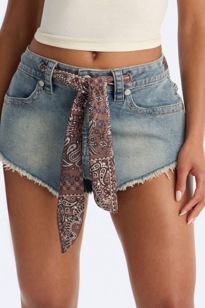 In Another Life Scarf Belted Cut Off Denim Shorts - Vintage Wash