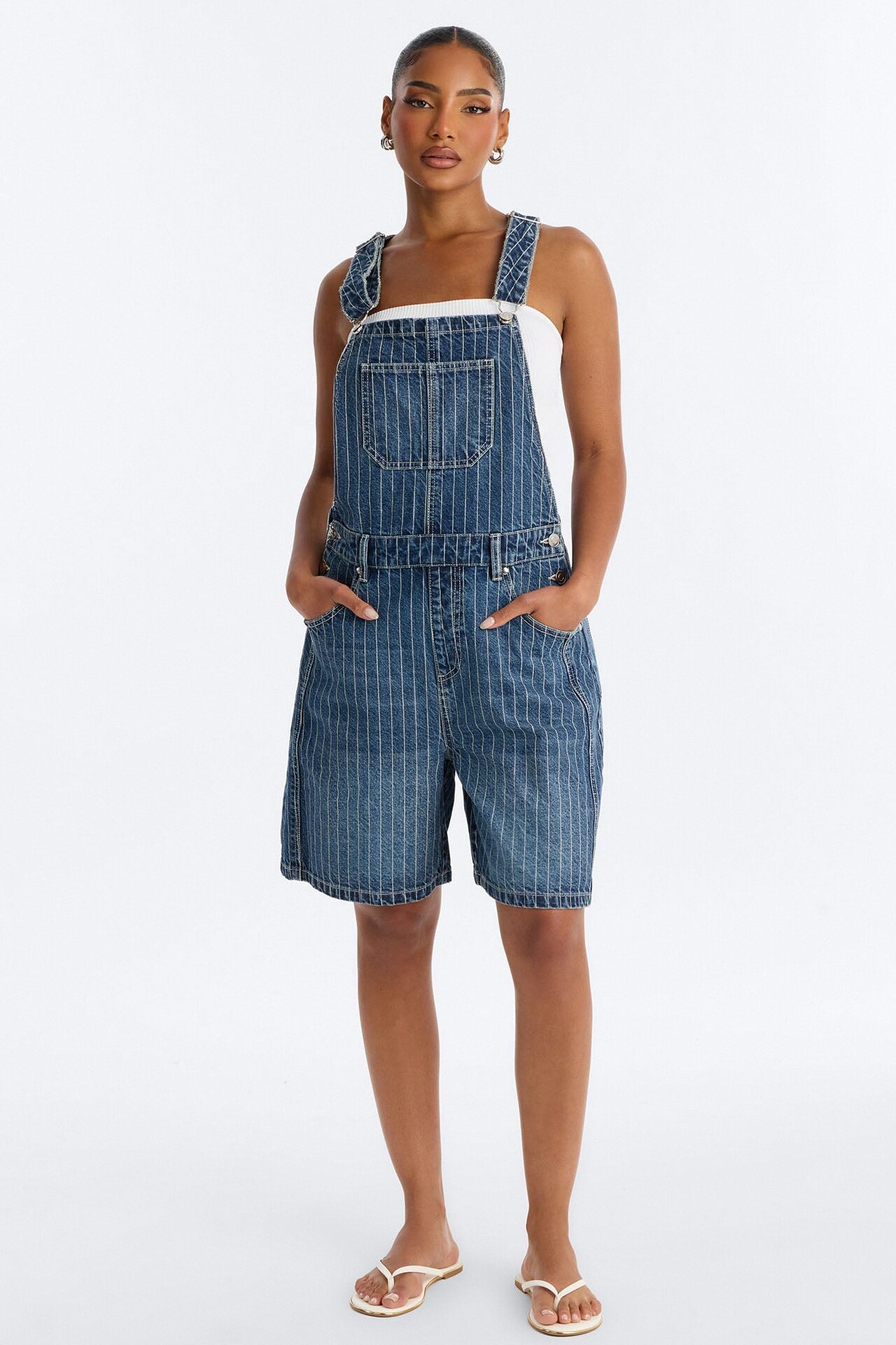 Legendary Striped Denim Shortalls - Medium Wash