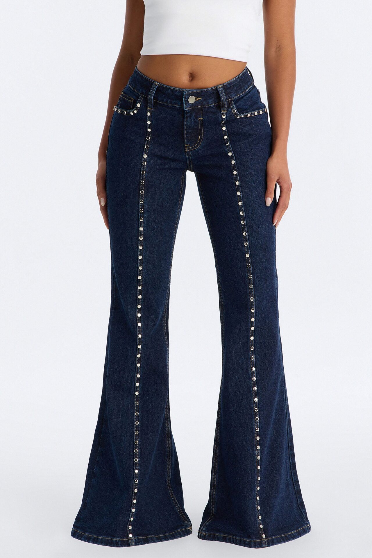 Nashville Low Rise Studded Stretch Flare Jeans - Dark Wash