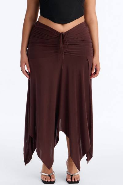 Miranda Low Rise Ruched Flowy Midi Skirt - Brown