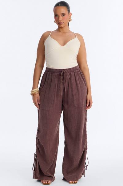 Kayla Mid Rise Washed Gauze Wide Leg Pant - Brown