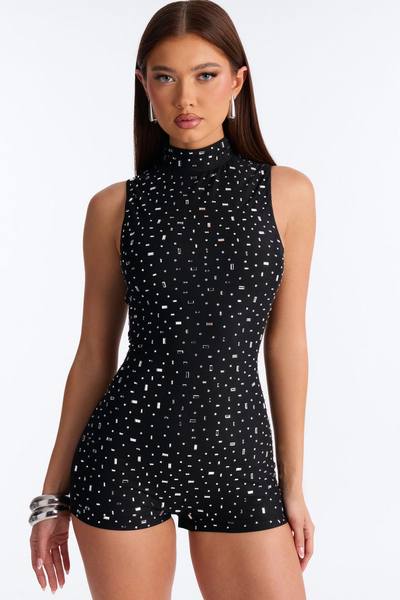 Shinning Lights Mock Neck Sleeveless Romper - Black