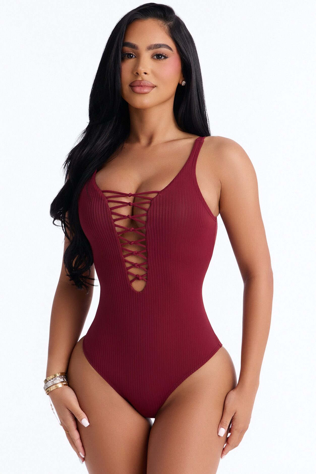 Sandy Hair Ribbed 1 Piece Swimsuit - Burgundy