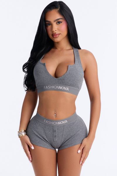 Mood Cotton Bralette Boxer Short Ribbed Set - Charcoal