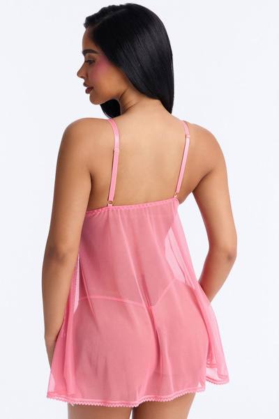 Pace Yourself Sheer Flyaway Layered Lace Cups Babydoll - Pink