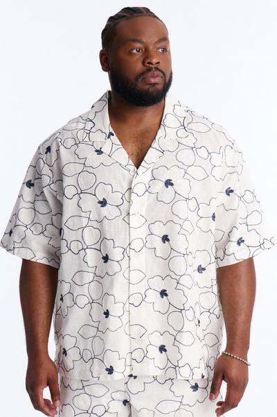 Relaxed Sand Blossom Cuban Collar Button Up Shirt - White/combo
