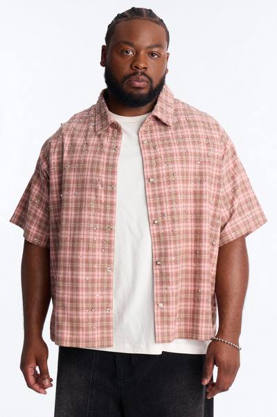 Cropped Vector Studded Plaid Button Up Shirt - Brown