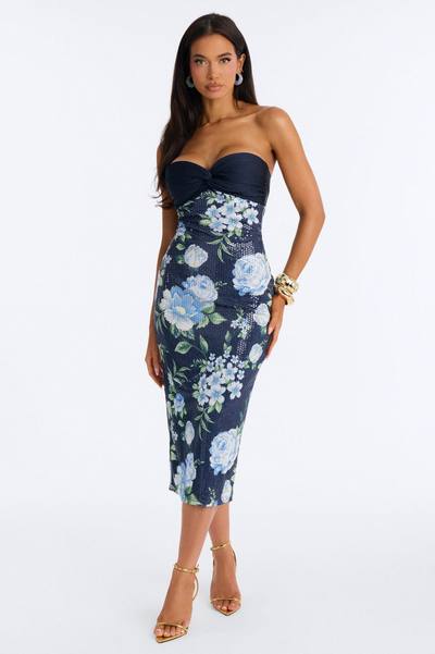 Zaria Floral Sequin Midi Dresses - Navy