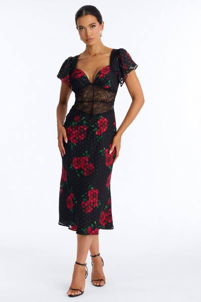 Isabella Floral Polka Dot Chiffon Midi Dress - Black/Red