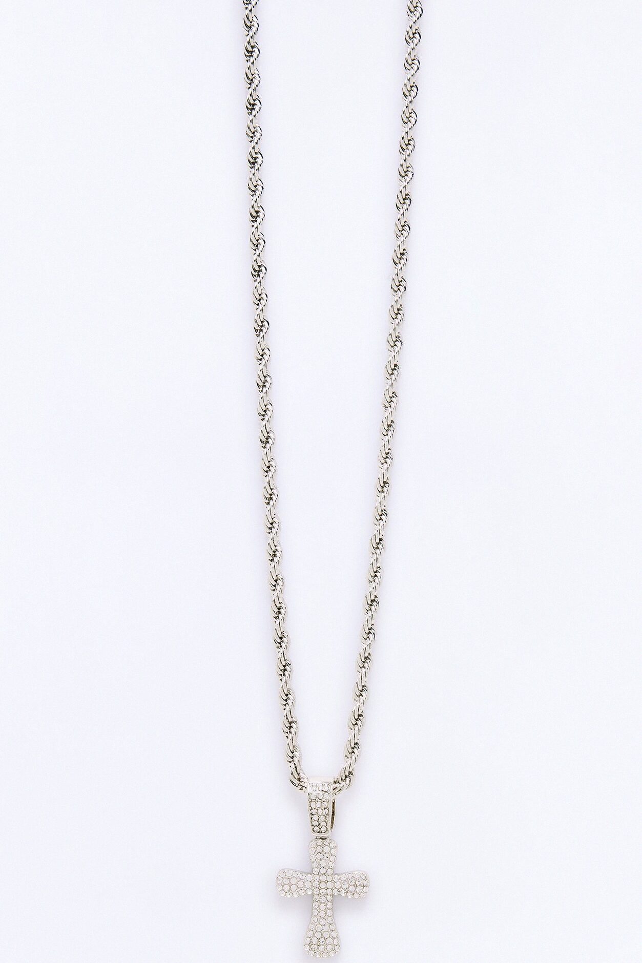 Titan Iced Cross Rope Chain Necklace - Silver