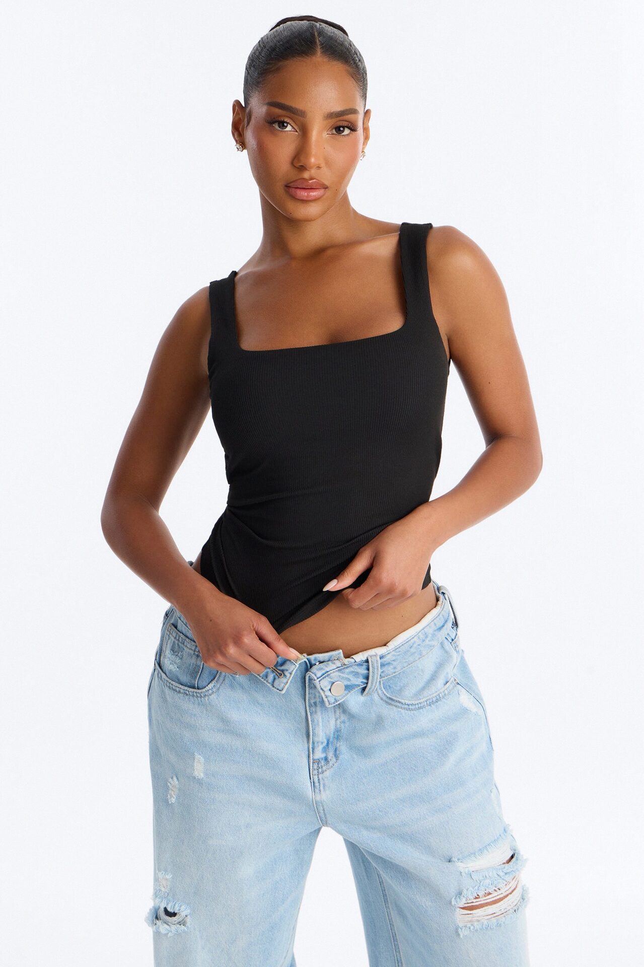 Rene Padded Double Scoop Tank Top - Black