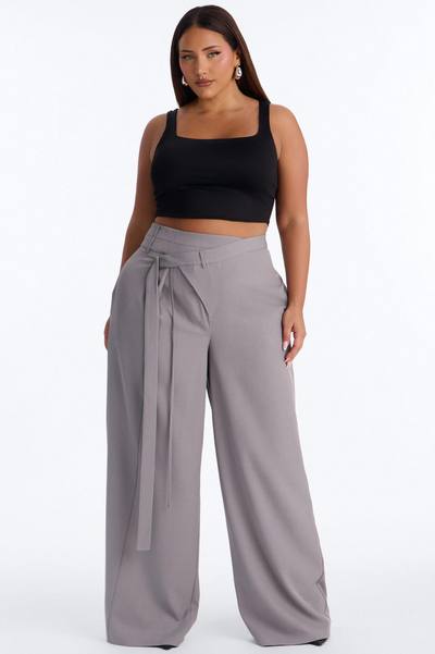 Center of Attention Asymmetrical Waist Wide Leg Trousers - Grey
