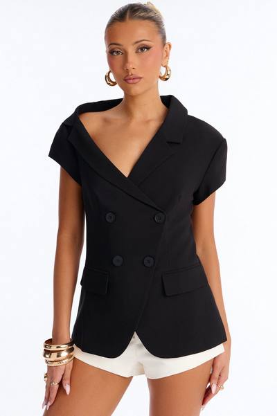 Valerie Asymmetrical Neckline Short Sleeve Blazer - Black