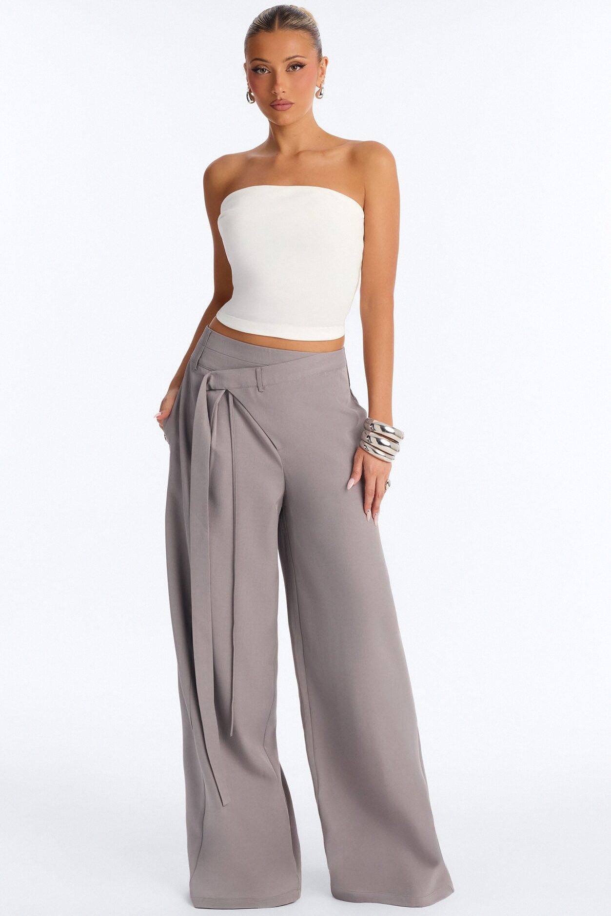 Center of Attention Asymmetrical Waist Wide Leg Trousers - Grey