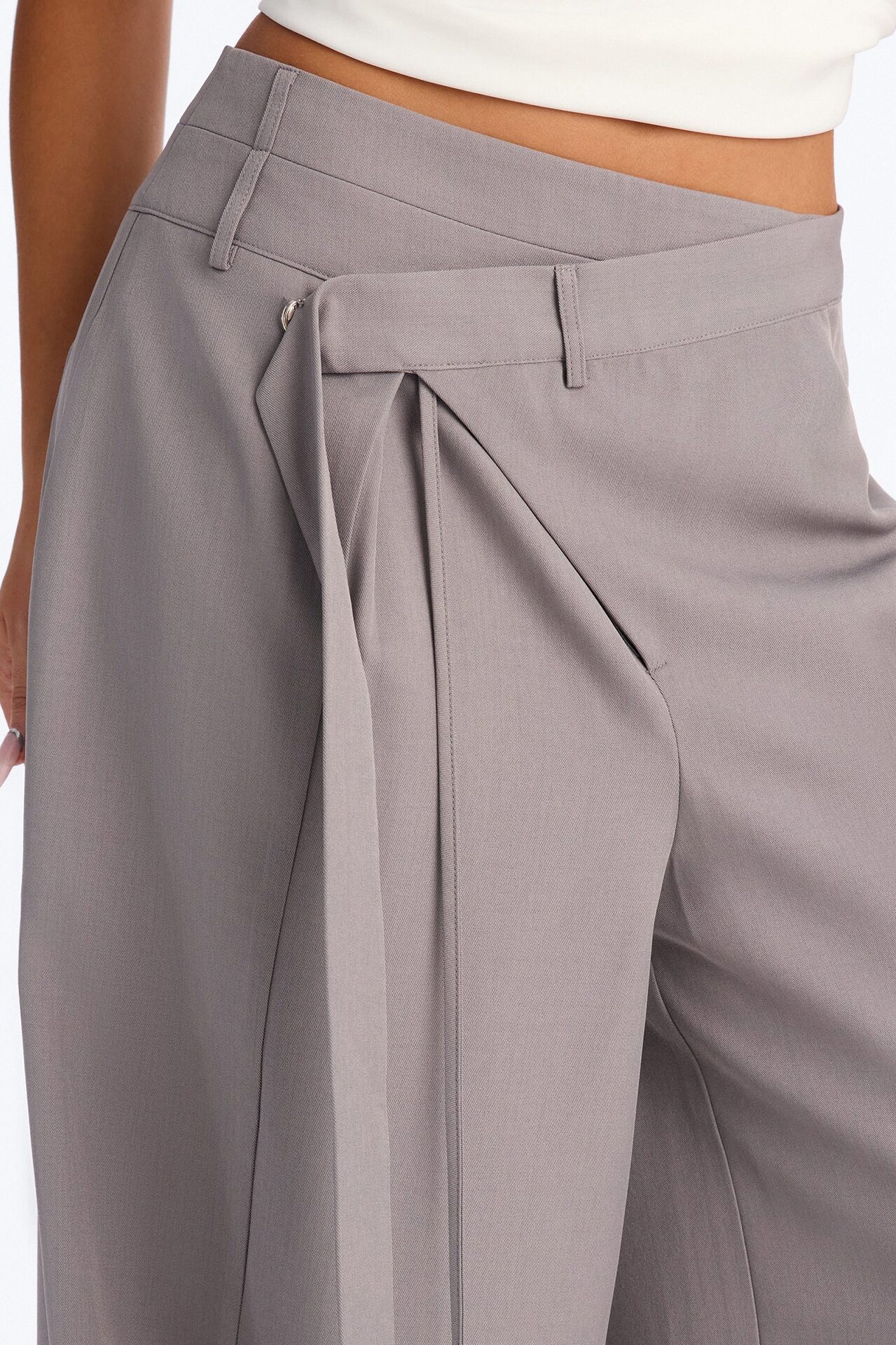 Center of Attention Asymmetrical Waist Wide Leg Trousers - Grey