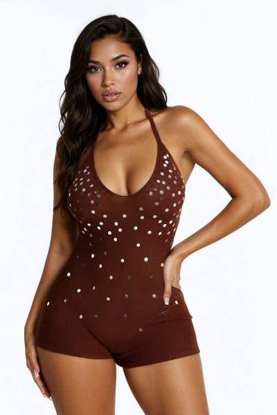 Bree Embellished Knit Romper - Chocolate