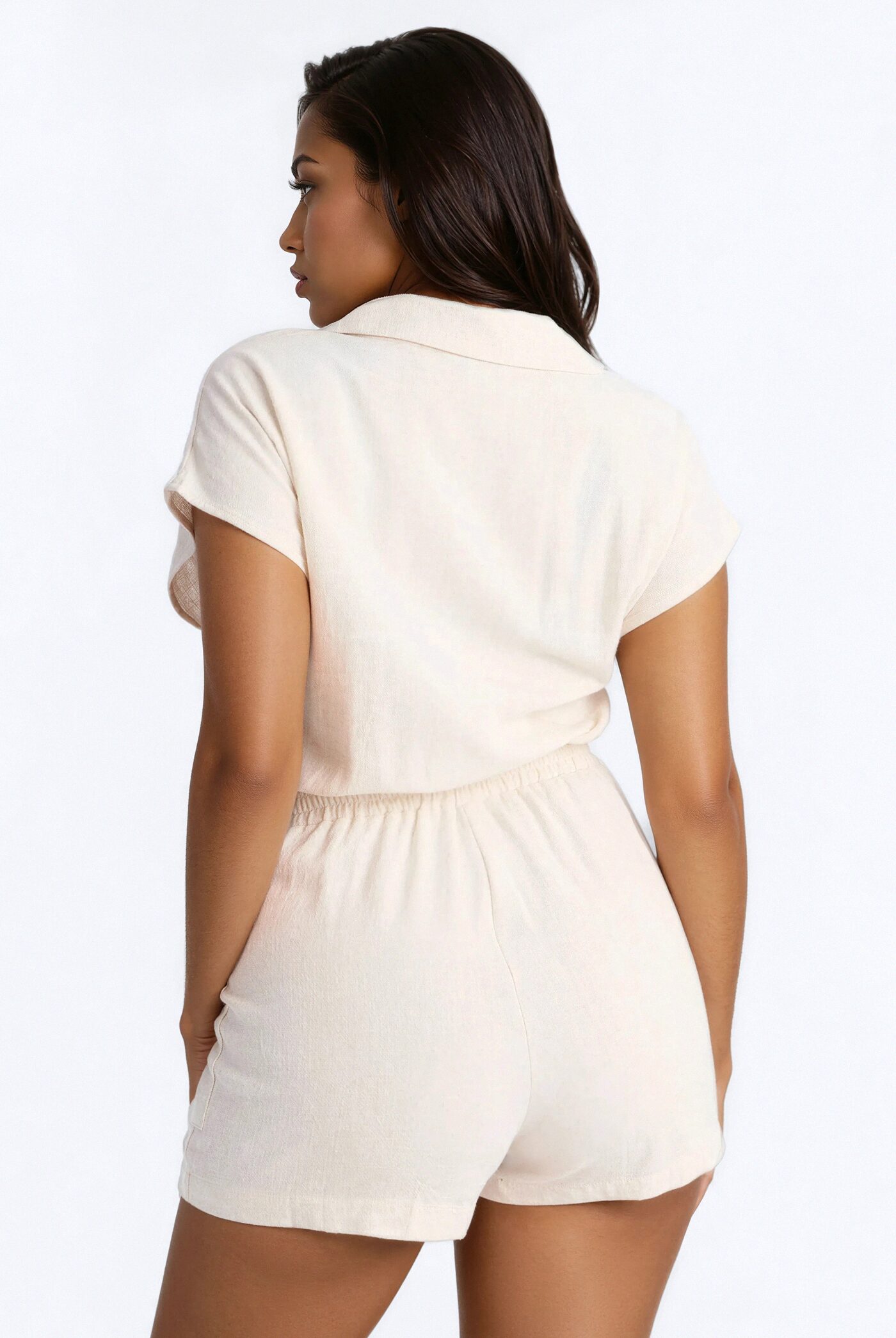 Caroline Button Up Linen Romper - Taupe
