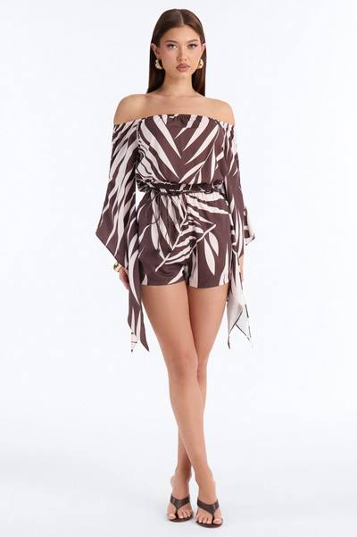 Vena Belted Off Shoulder Romper - Brown