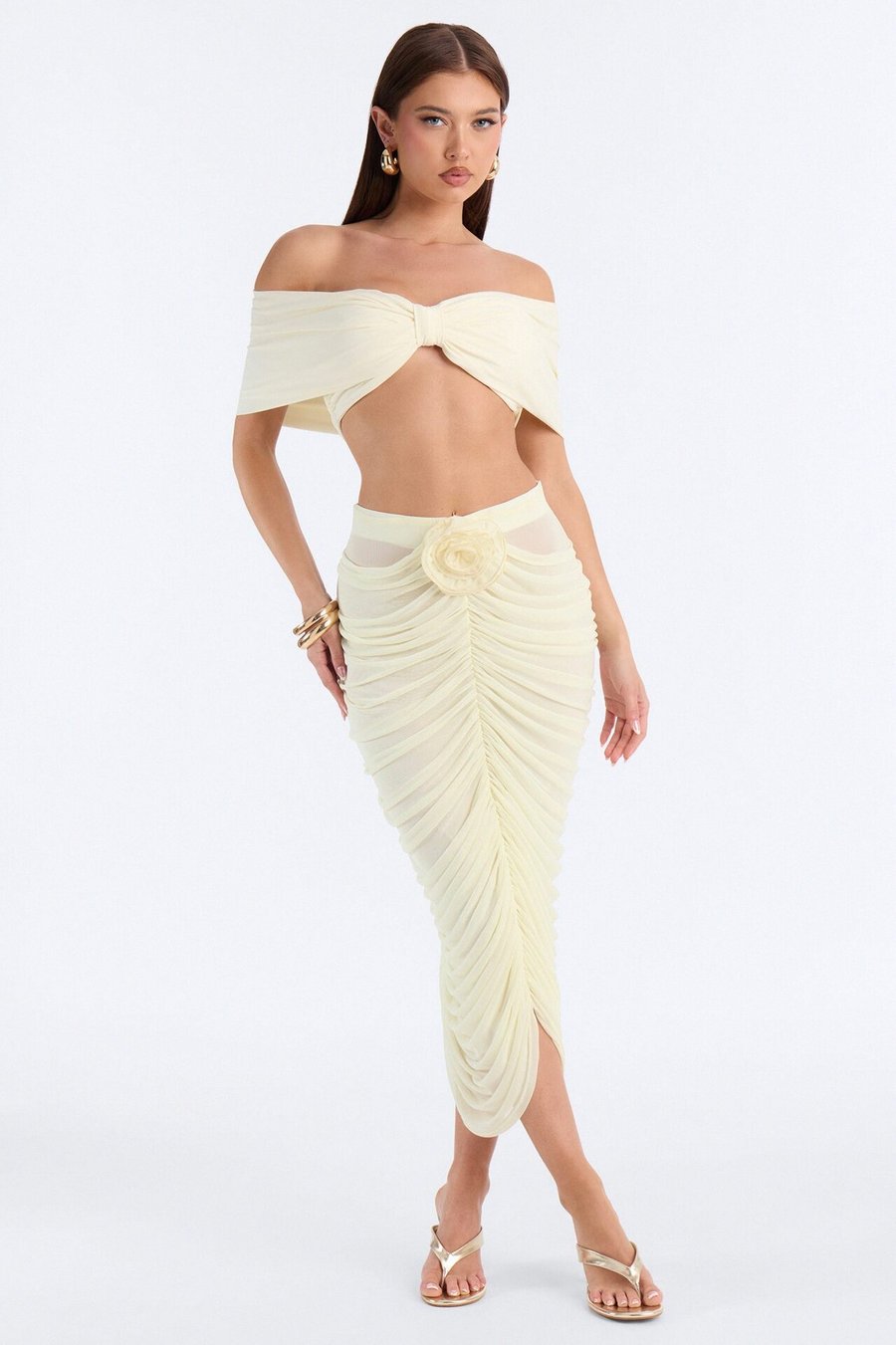 Lilah Rosette Ruched Mesh Midi Skirt - Yellow