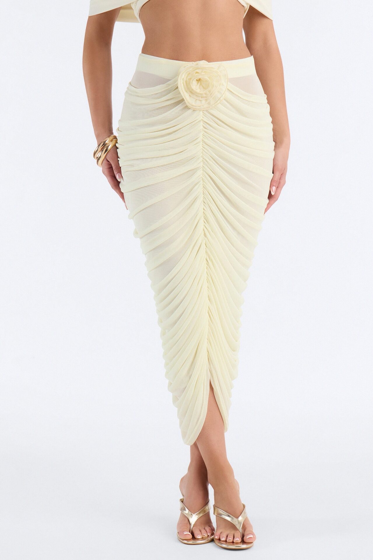 Lilah Rosette Ruched Mesh Midi Skirt - Butter Yellow