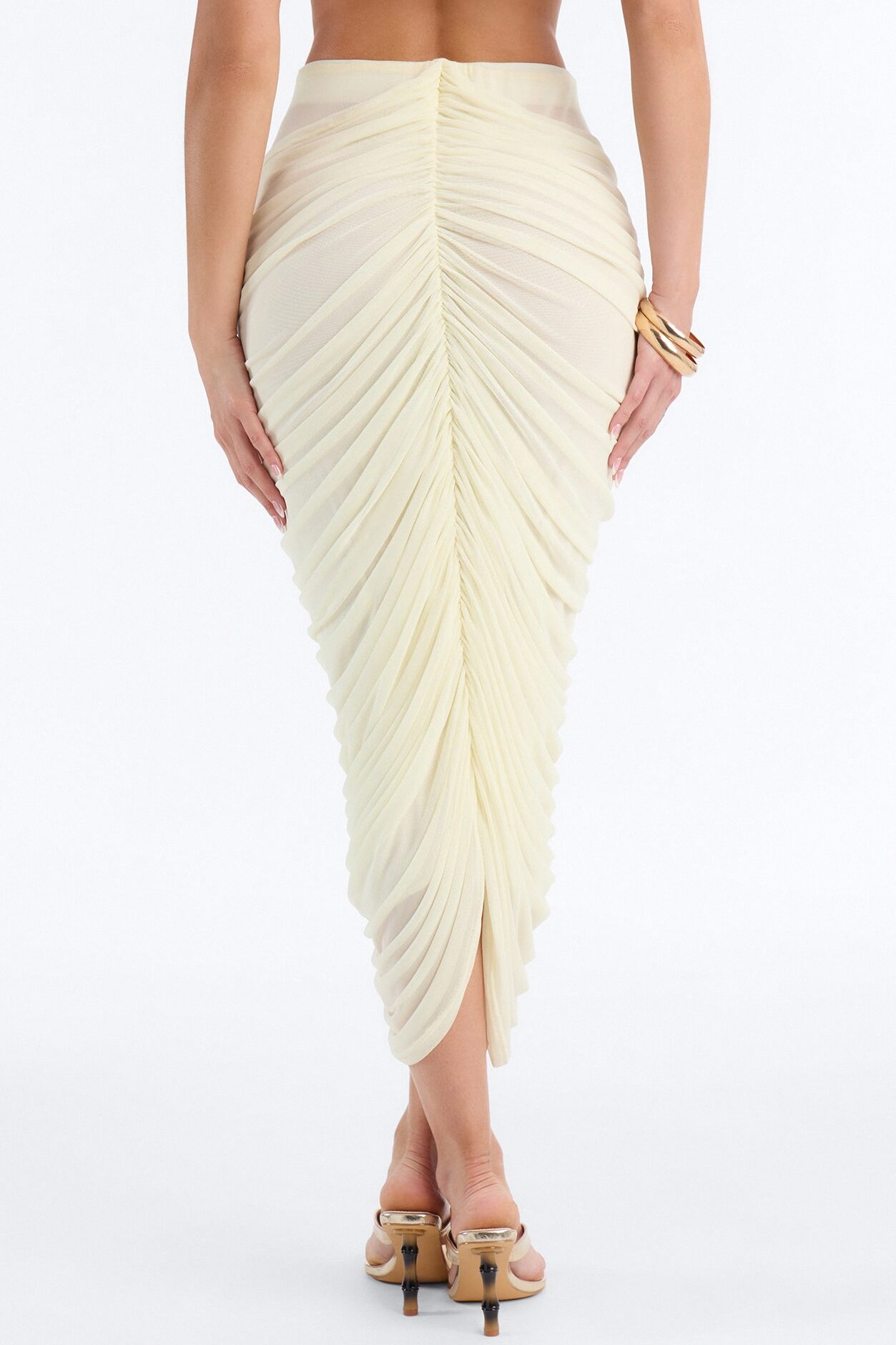 Lilah Rosette Ruched Mesh Midi Skirt - Butter Yellow