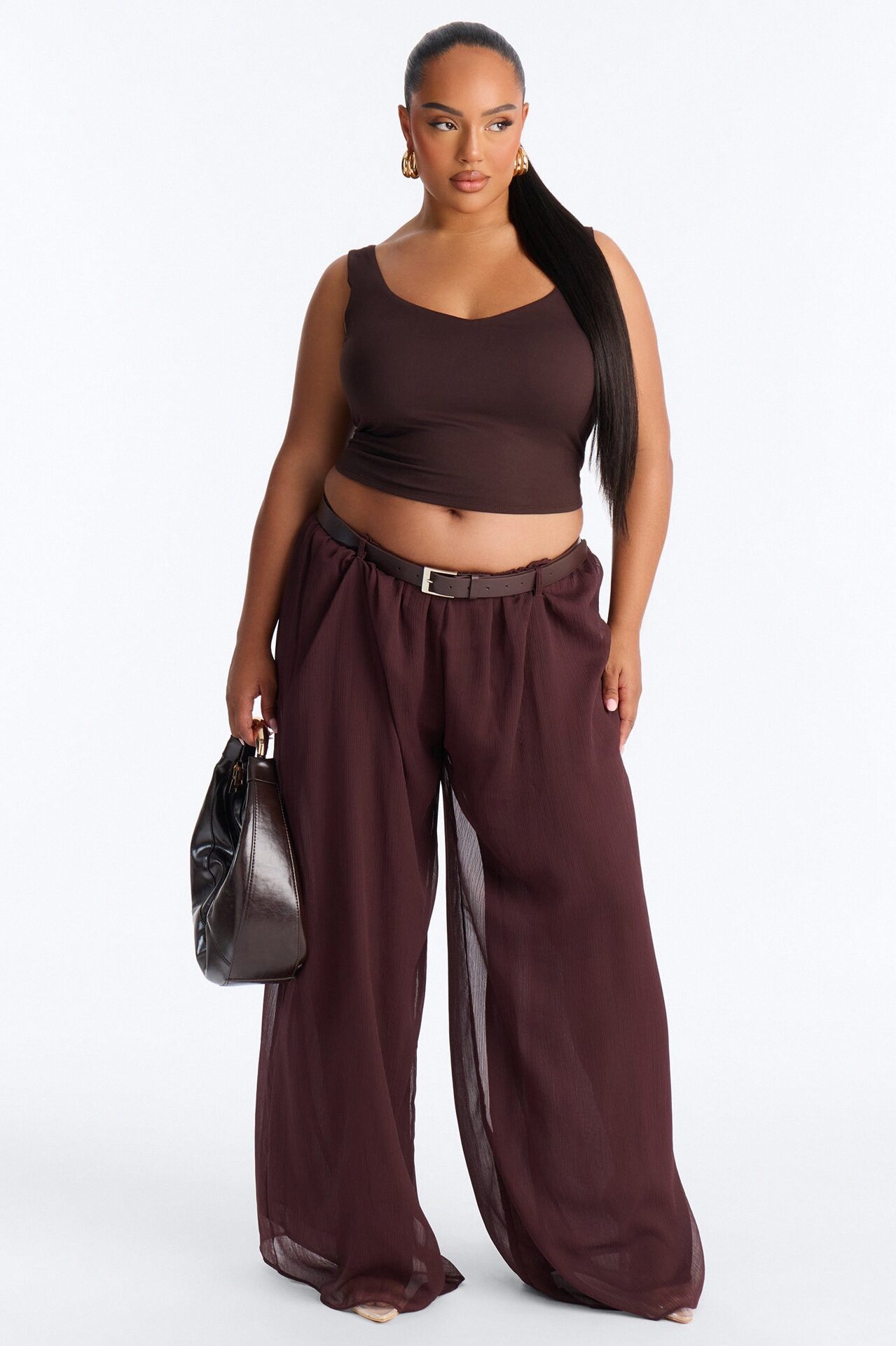 Chloe Wide Leg Chiffon Belted Pant - Chocolate