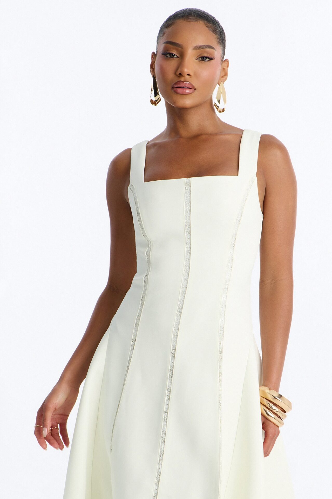 Annabeth Lace Trim Midi Dress - White