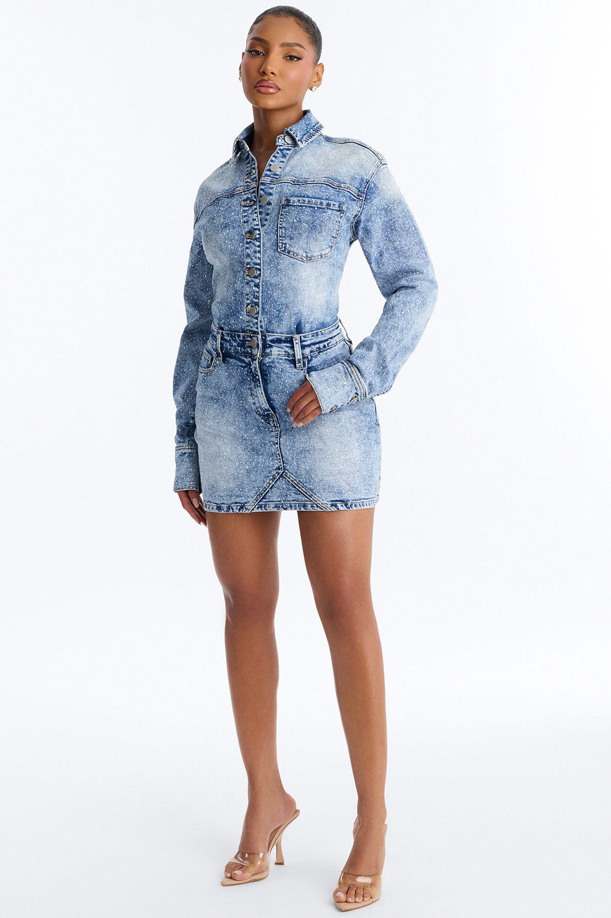 Belleville Rhinestone Denim Mini Dress - Light Blue Wash