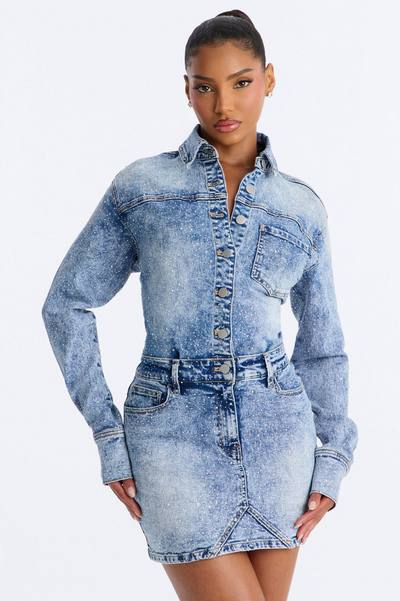 Belleville Rhinestone Denim Mini Dress - Light Blue Wash