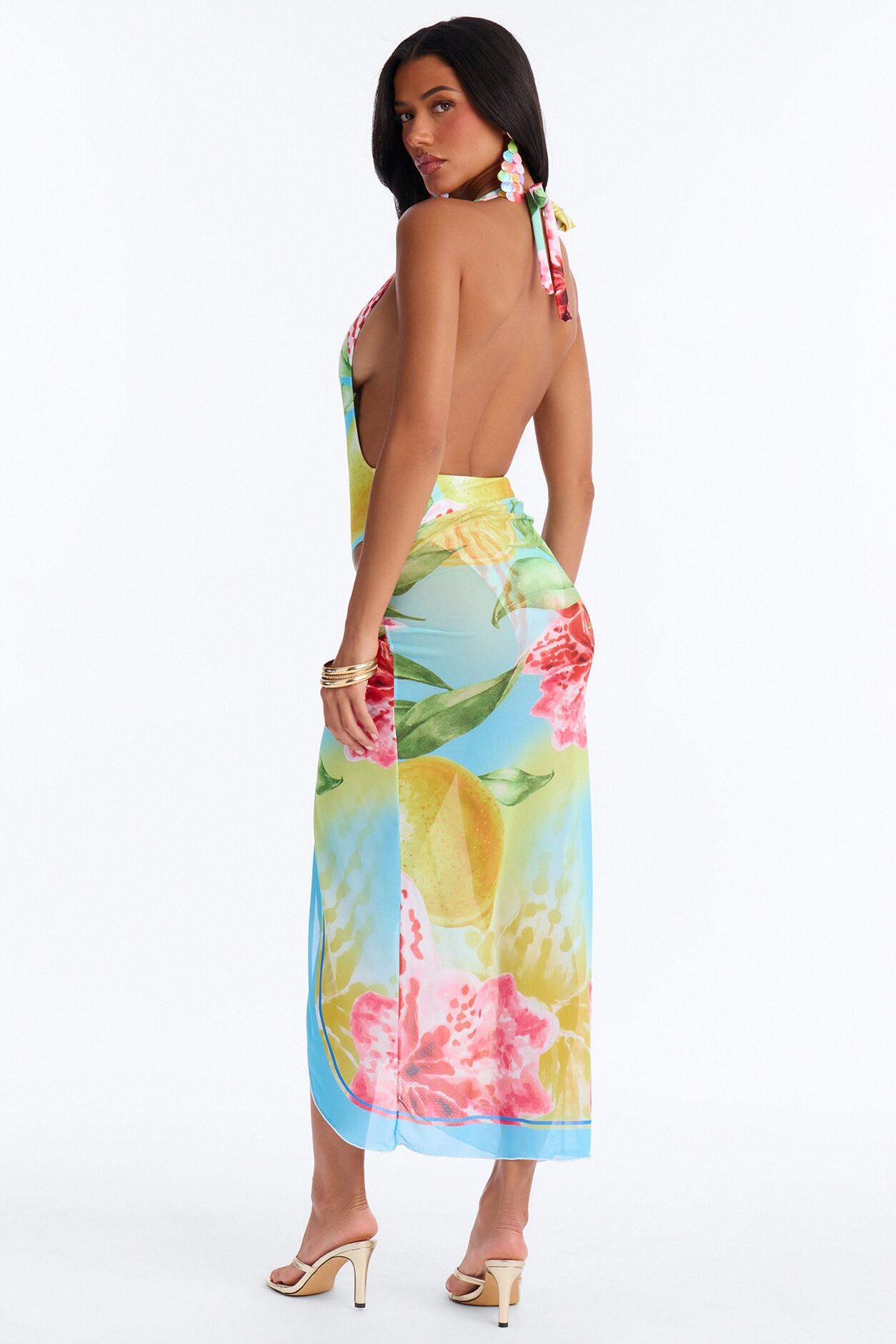 Tropical Escape 1 Piece Plunge Swimsuit & Mesh Cover Up Maxi Skirt Set - Multi Color