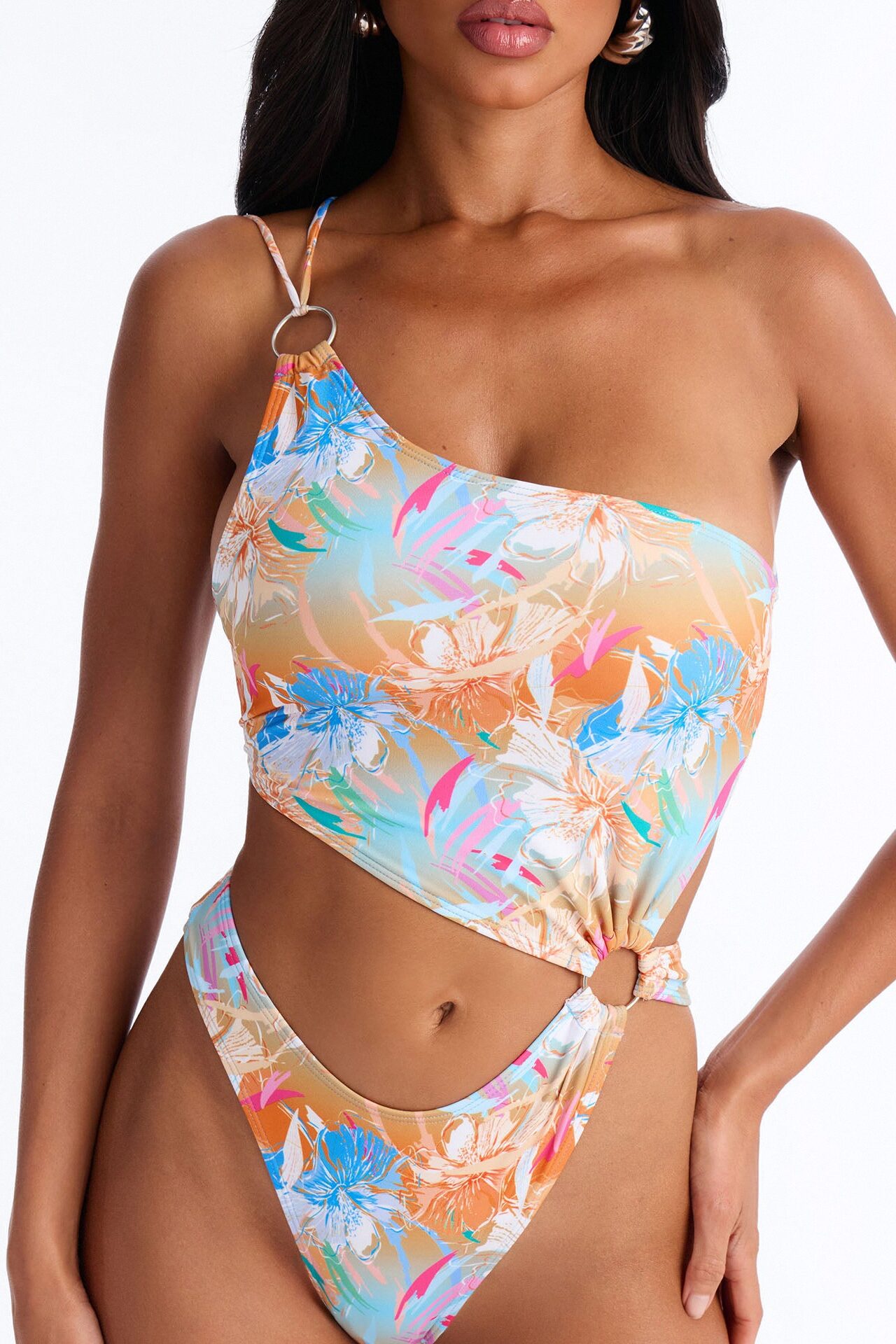 Ocean Soul Asymmetrical Strappy Back Ties O-Rings 1 Piece Swimsuit - Multi Color
