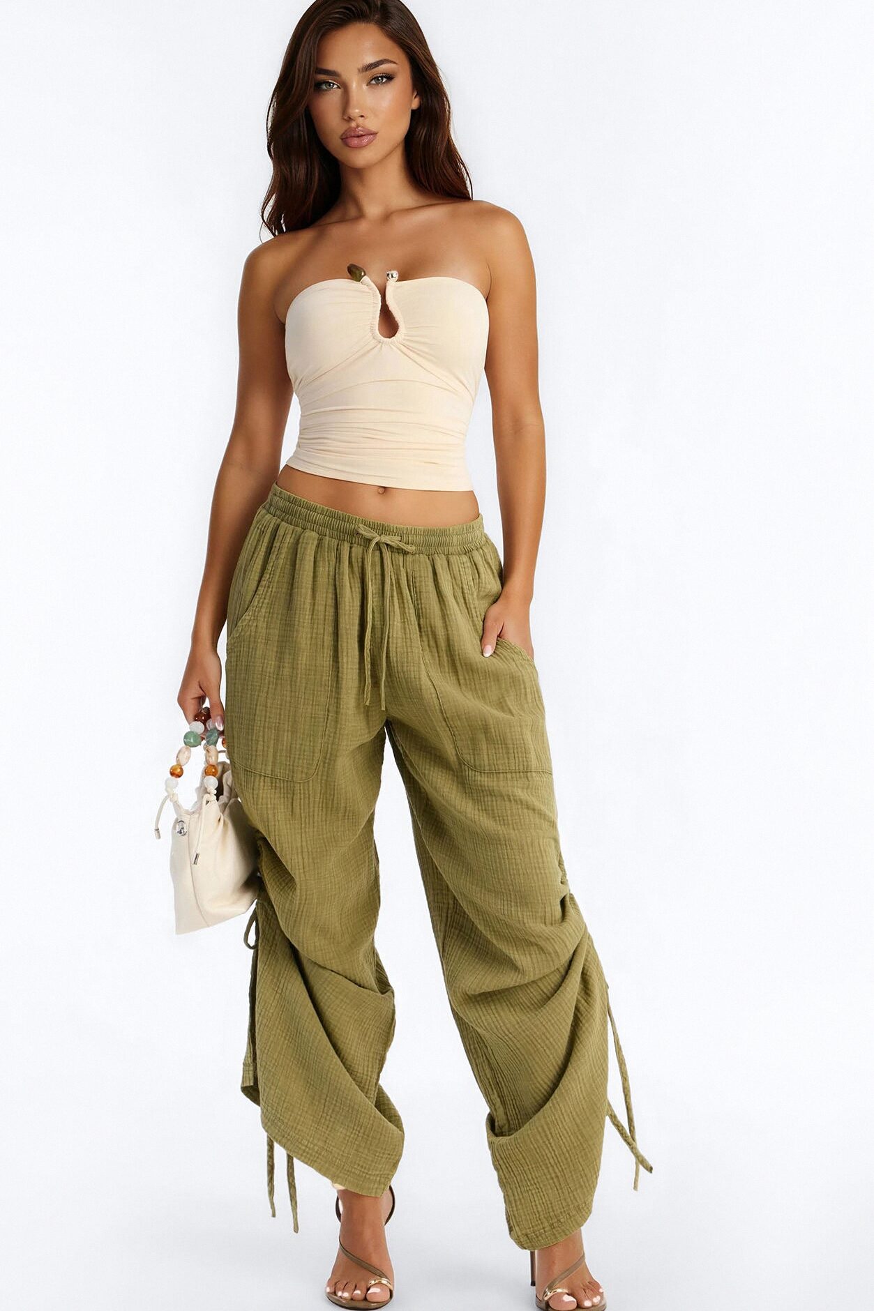 Kayla Mid Rise Washed Gauze Wide Leg Pant - Olive