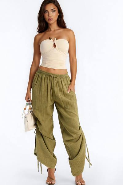 Kayla Mid Rise Washed Gauze Wide Leg Pant - Olive